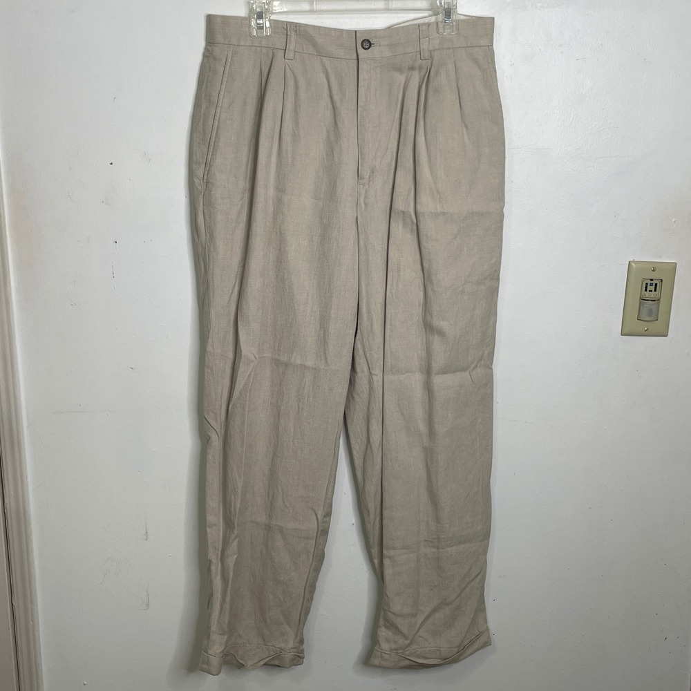 Mens Khaki Linen Blend Pleated Herringbone Pants 34x30 Old Money Travel Vacation